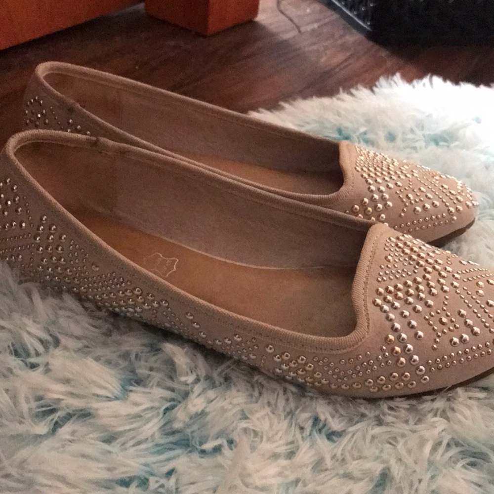 Tan Aldo flats with silver and gold rhinestones